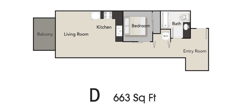 Floor plan for 1 bed, 1 bath, 663 sqft